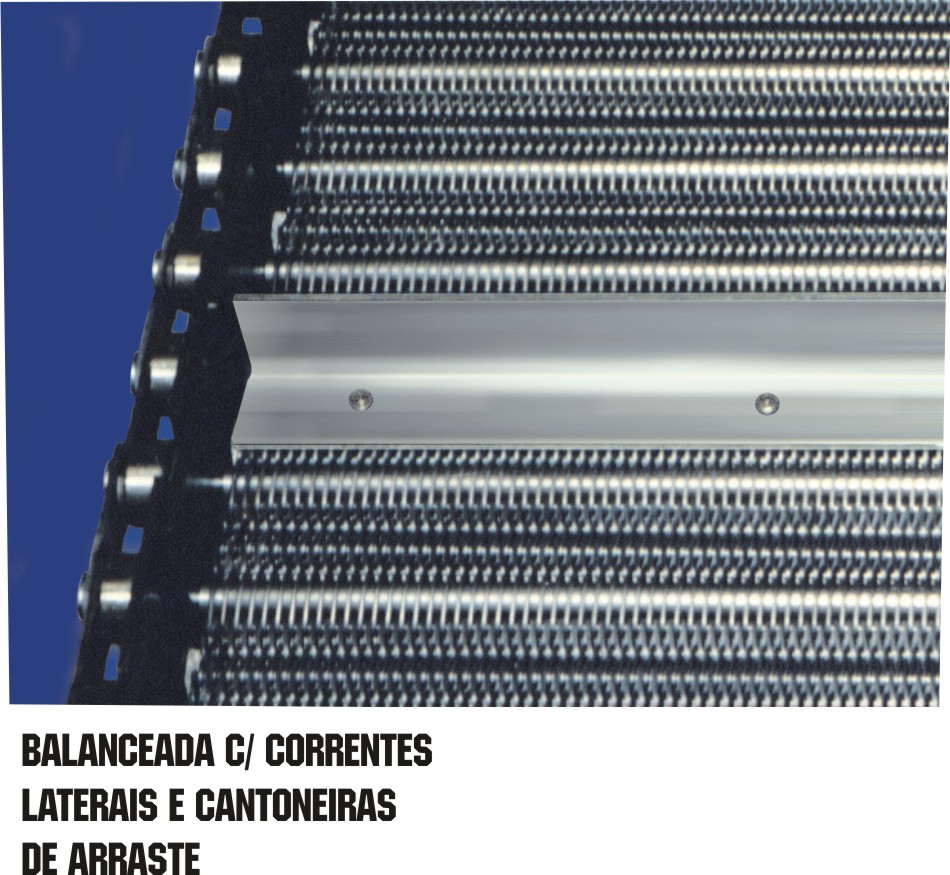 Esteira metalica balanceada com correntes laterais e cantoneiras de arraste